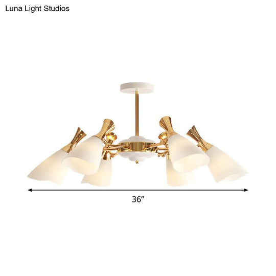 Modern Cone Frosted Glass Hanging Lamp: 6/8 Lights Gold Chandelier Fixture In Warm/White Light