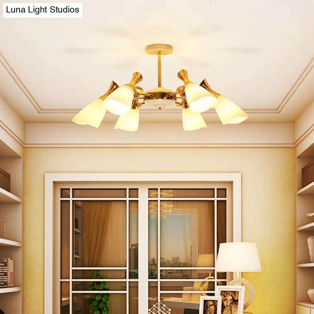 Modern Cone Frosted Glass Hanging Lamp: 6/8 Lights Gold Chandelier Fixture In Warm/White Light