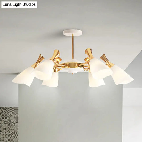 Modern Cone Frosted Glass Hanging Lamp: 6/8 Lights Gold Chandelier Fixture In Warm/White Light