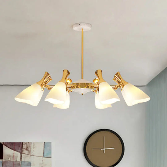 Modern Cone Frosted Glass Hanging Lamp: 6/8 Lights Gold Chandelier Fixture In Warm/White Light 8 /