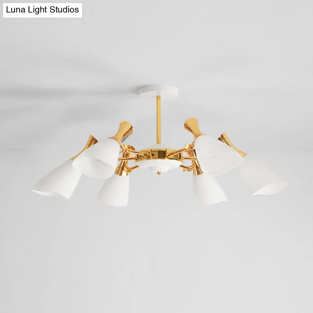 Modern Cone Frosted Glass Hanging Lamp: 6/8 Lights Gold Chandelier Fixture In Warm/White Light