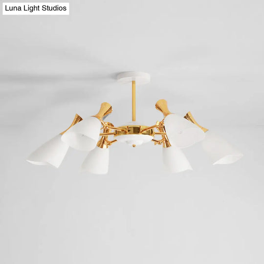 Modern Cone Frosted Glass Hanging Lamp: 6/8 Lights Gold Chandelier Fixture In Warm/White Light