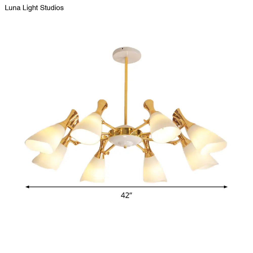 Modern Cone Frosted Glass Hanging Lamp: 6/8 Lights Gold Chandelier Fixture In Warm/White Light