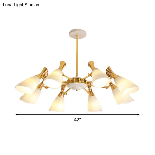 Modern Cone Frosted Glass Hanging Lamp: 6/8 Lights Gold Chandelier Fixture In Warm/White Light