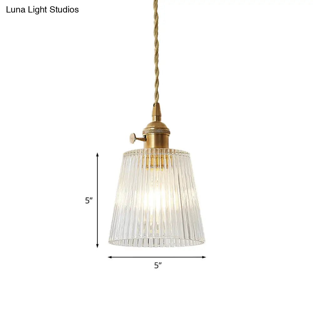 Modern Cone Hanging Ceiling Light - 1 Ribbed Glass Pendant In Brass