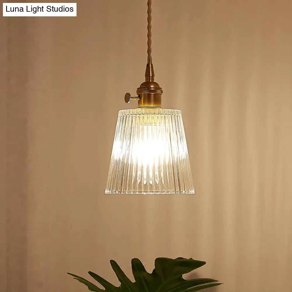 Modern Cone Hanging Ceiling Light - 1 Ribbed Glass Pendant In Brass