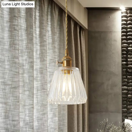 Modern Cone Hanging Ceiling Light - 1 Ribbed Glass Pendant In Brass