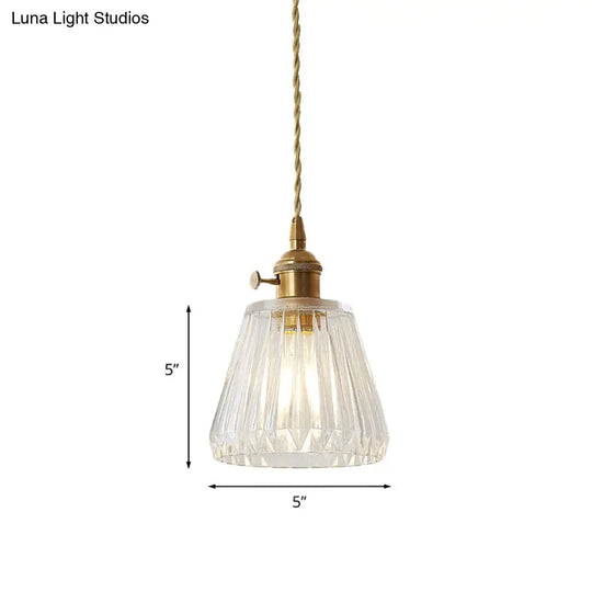 Modern Cone Hanging Ceiling Light - 1 Ribbed Glass Pendant In Brass