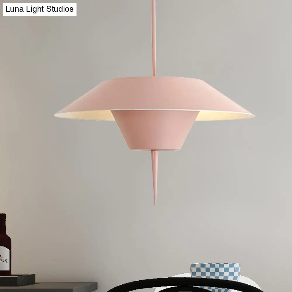 Modern Cone Hanging Ceiling Light In Grey White & Pink - 1 Metal Drop Pendant With Inverted Conical