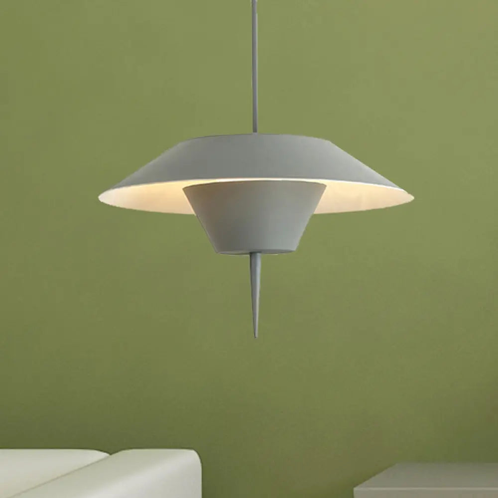 Modern Cone Hanging Ceiling Light In Grey White & Pink - 1 Metal Drop Pendant With Inverted Conical