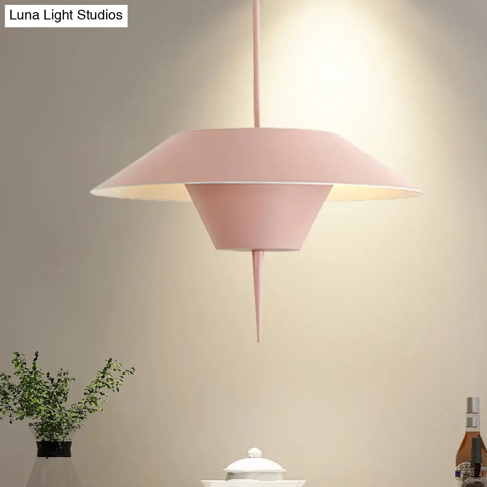 Modern Cone Hanging Ceiling Light In Grey White & Pink - 1 Metal Drop Pendant With Inverted Conical