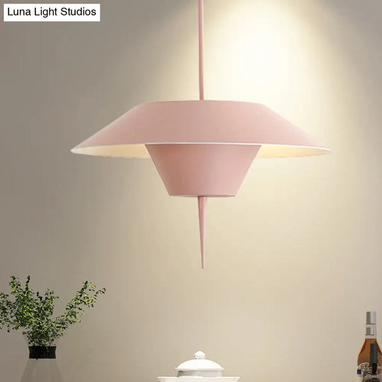 Modern Cone Hanging Ceiling Light In Grey White & Pink - 1 Metal Drop Pendant With Inverted Conical