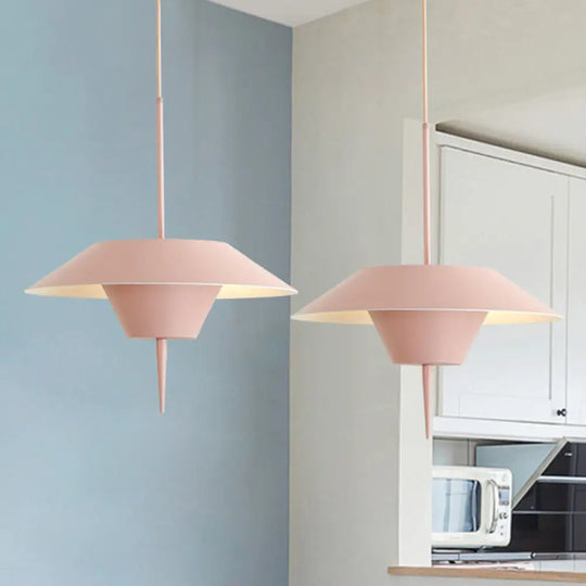 Modern Cone Hanging Ceiling Light In Grey White & Pink - 1 Metal Drop Pendant With Inverted Conical