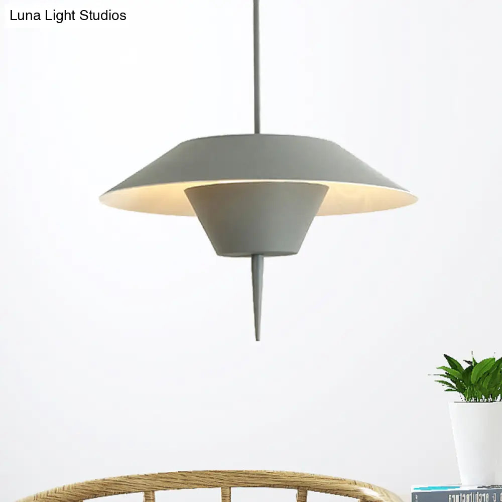 Modern Cone Hanging Ceiling Light In Grey White & Pink - 1 Metal Drop Pendant With Inverted Conical