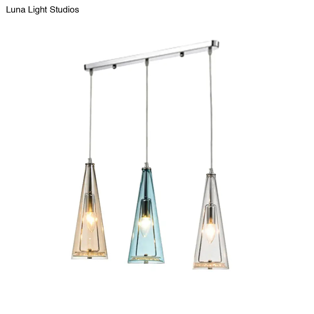 Modern Cone Pendant Lamp In Chrome With Blue/Amber/Clear Glass Panels - 3 Lights Ceiling Hanging