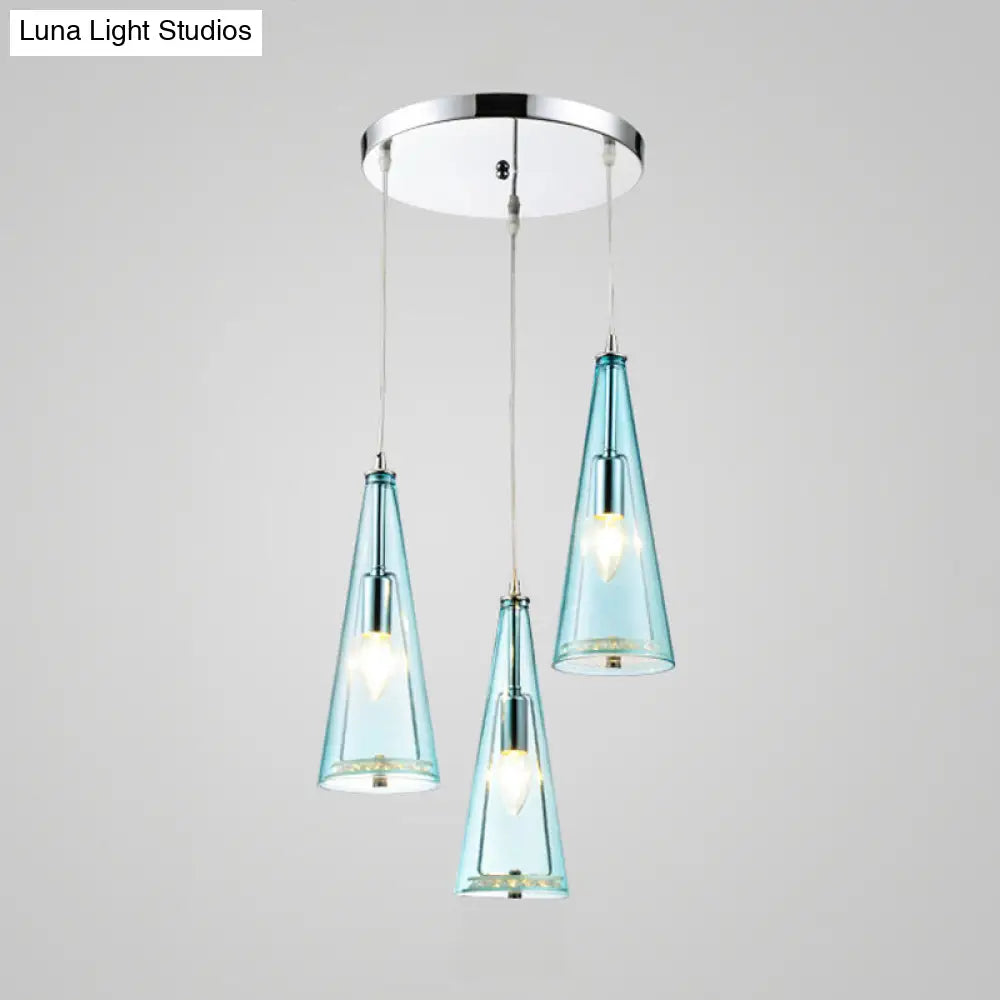 Contemporary Cone Pendant Lamp - Blue/Amber/Clear Glass 3-Light Ceiling Light In Chrome Round/Linear