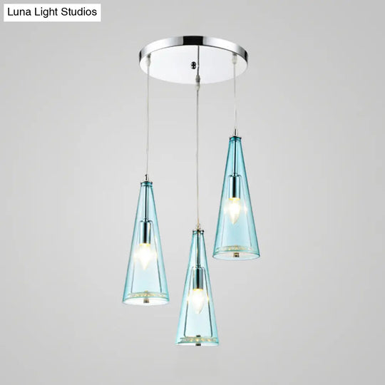 Contemporary Cone Pendant Lamp - Blue/Amber/Clear Glass 3-Light Ceiling Light In Chrome Round/Linear