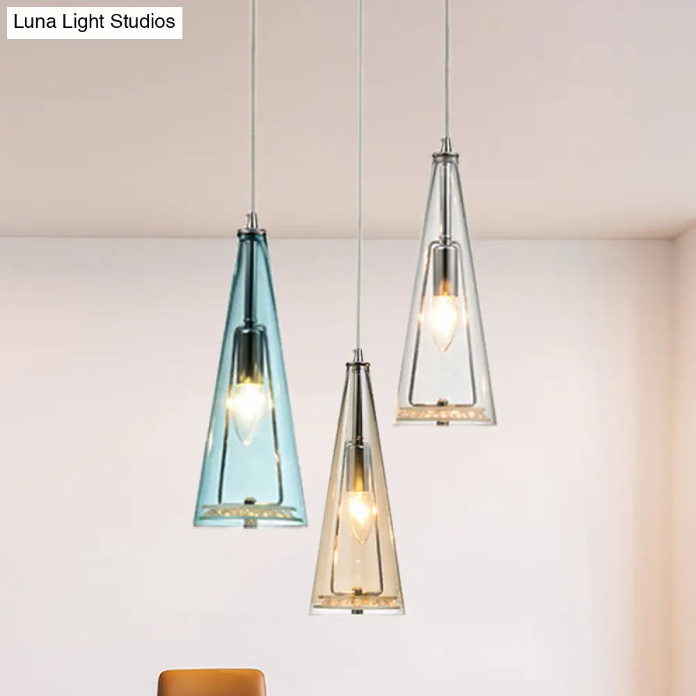 Contemporary Cone Pendant Lamp - Blue/Amber/Clear Glass 3-Light Ceiling Light In Chrome Round/Linear