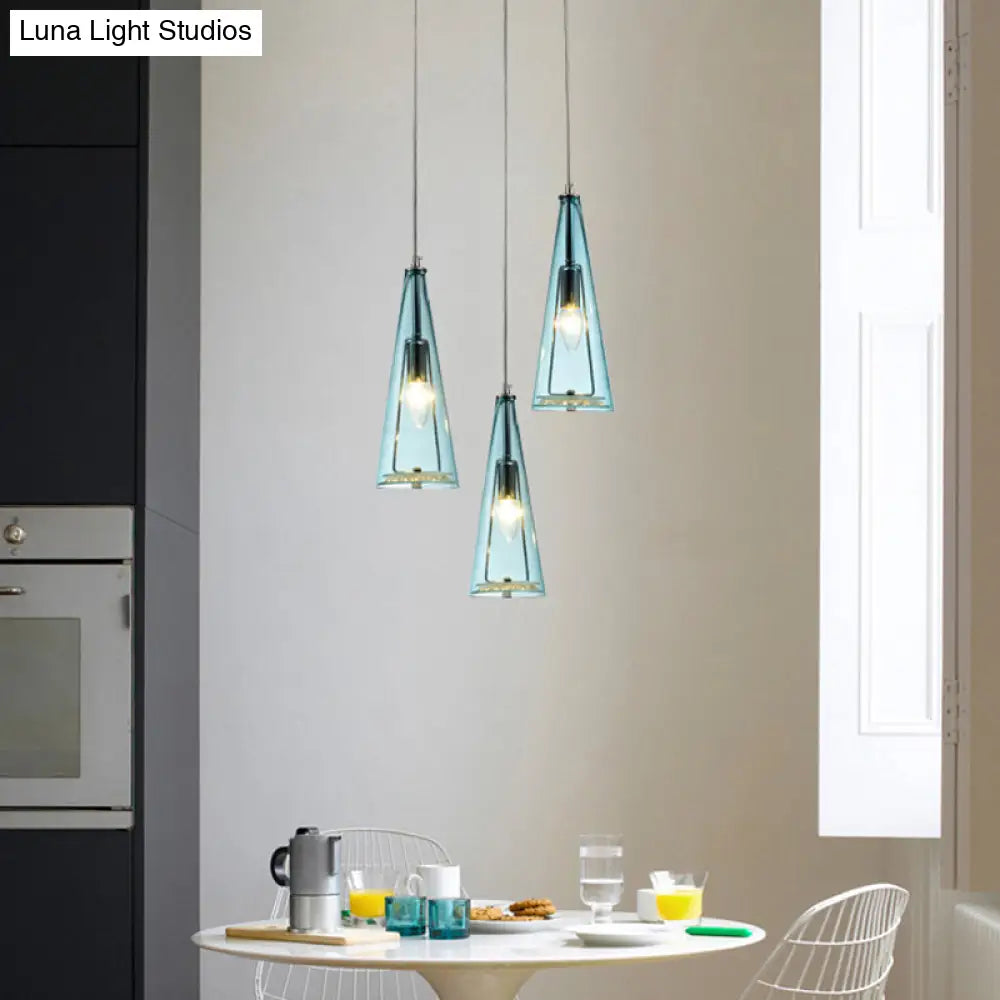 Modern Cone Pendant Lamp In Chrome With Blue/Amber/Clear Glass Panels - 3 Lights Ceiling Hanging