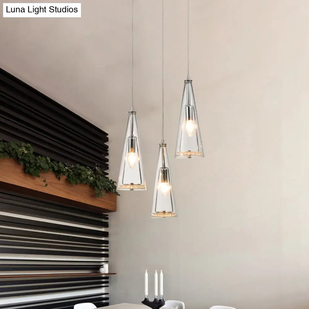 Modern Cone Pendant Lamp In Chrome With Blue/Amber/Clear Glass Panels - 3 Lights Ceiling Hanging