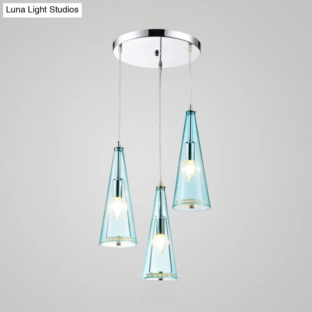 Modern Cone Pendant Lamp In Chrome With Blue/Amber/Clear Glass Panels - 3 Lights Ceiling Hanging