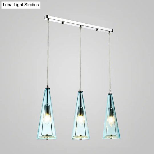 Contemporary Cone Pendant Lamp - Blue/Amber/Clear Glass 3-Light Ceiling Light In Chrome Round/Linear