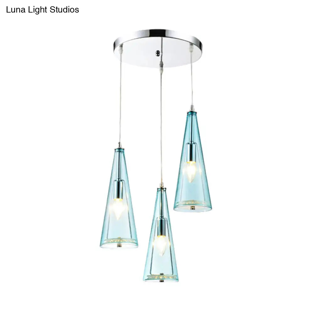 Contemporary Cone Pendant Lamp - Blue/Amber/Clear Glass 3-Light Ceiling Light In Chrome Round/Linear