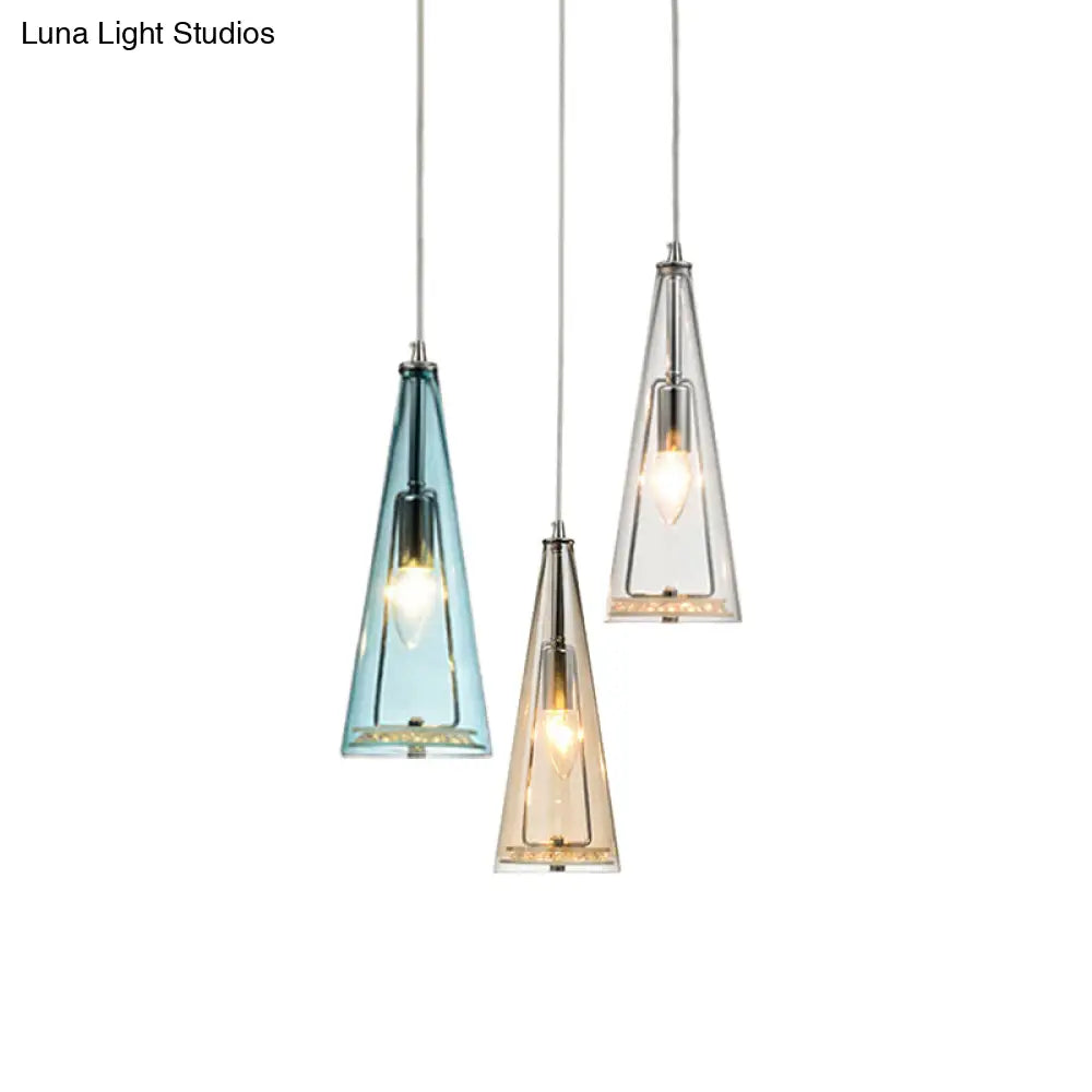 Contemporary Cone Pendant Lamp - Blue/Amber/Clear Glass 3-Light Ceiling Light In Chrome Round/Linear