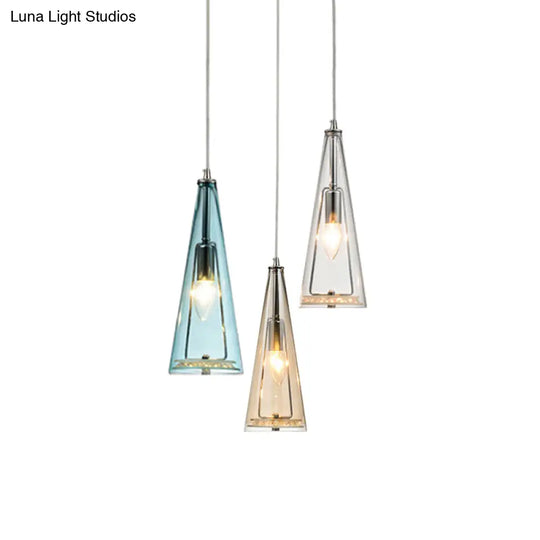 Contemporary Cone Pendant Lamp - Blue/Amber/Clear Glass 3-Light Ceiling Light In Chrome Round/Linear