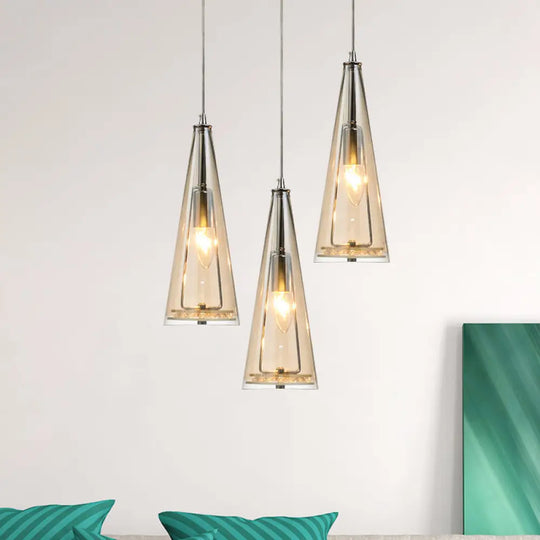 Modern Cone Pendant Lamp In Chrome With Blue/Amber/Clear Glass Panels - 3 Lights Ceiling Hanging