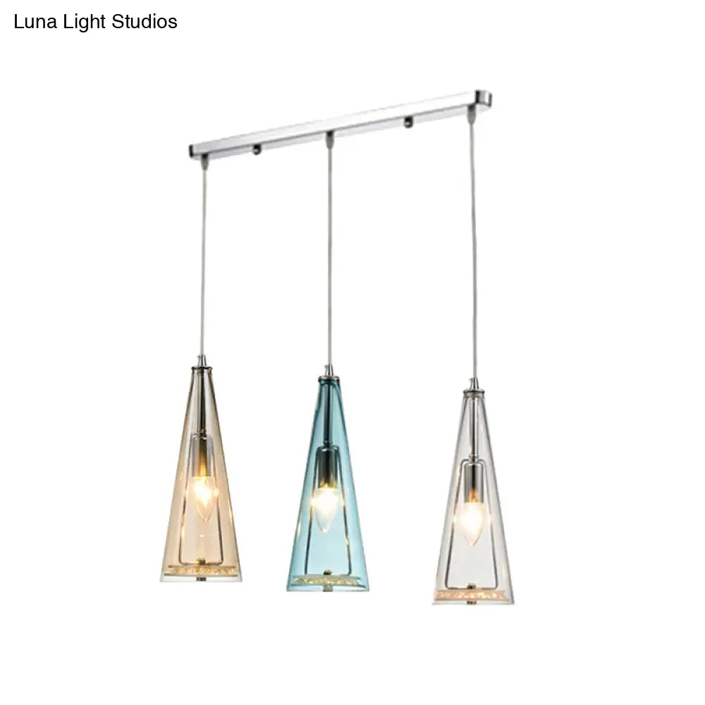 Contemporary Cone Pendant Lamp - Blue/Amber/Clear Glass 3-Light Ceiling Light In Chrome Round/Linear