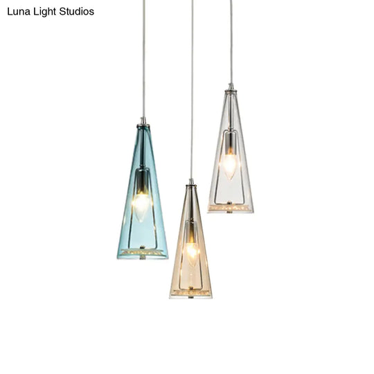 Modern Cone Pendant Lamp In Chrome With Blue/Amber/Clear Glass Panels - 3 Lights Ceiling Hanging