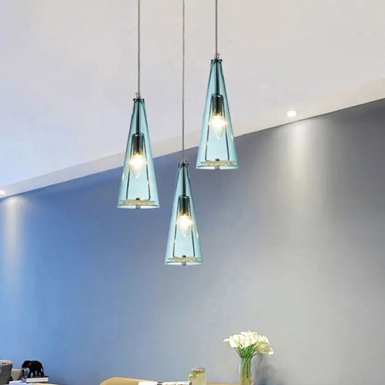 Modern Cone Pendant Lamp In Chrome With Blue/Amber/Clear Glass Panels - 3 Lights Ceiling Hanging