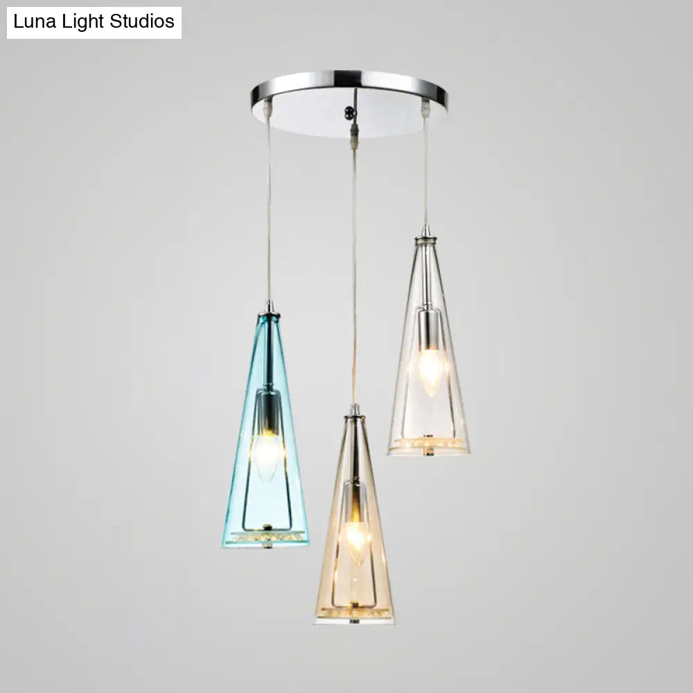 Modern Cone Pendant Lamp In Chrome With Blue/Amber/Clear Glass Panels - 3 Lights Ceiling Hanging