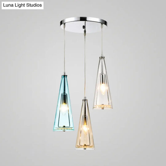 Modern Cone Pendant Lamp In Chrome With Blue/Amber/Clear Glass Panels - 3 Lights Ceiling Hanging