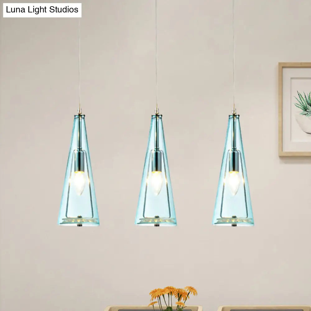 Contemporary Cone Pendant Lamp - Blue/Amber/Clear Glass 3-Light Ceiling Light In Chrome Round/Linear