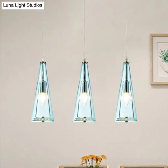 Contemporary Cone Pendant Lamp - Blue/Amber/Clear Glass 3-Light Ceiling Light In Chrome Round/Linear