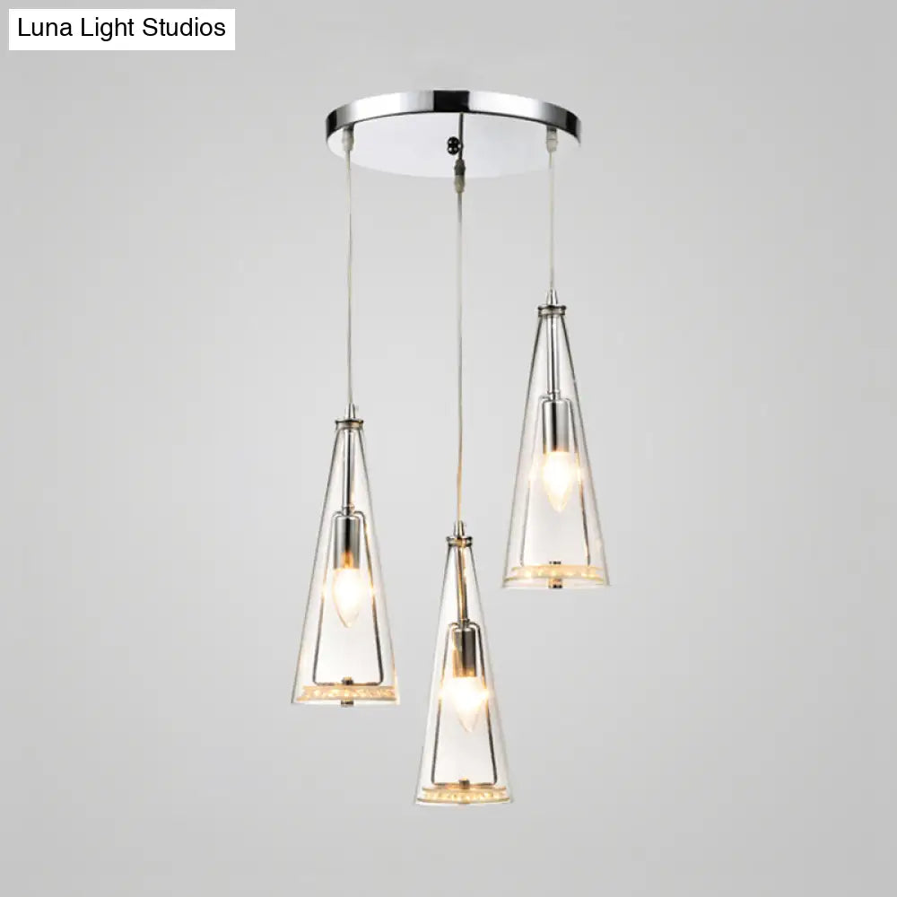 Modern Cone Pendant Lamp In Chrome With Blue/Amber/Clear Glass Panels - 3 Lights Ceiling Hanging