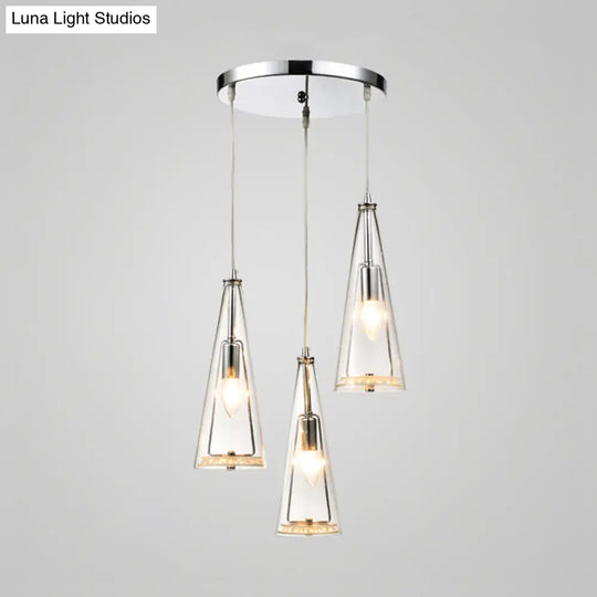 Modern Cone Pendant Lamp In Chrome With Blue/Amber/Clear Glass Panels - 3 Lights Ceiling Hanging