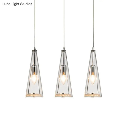 Contemporary Cone Pendant Lamp - Blue/Amber/Clear Glass 3-Light Ceiling Light In Chrome Round/Linear