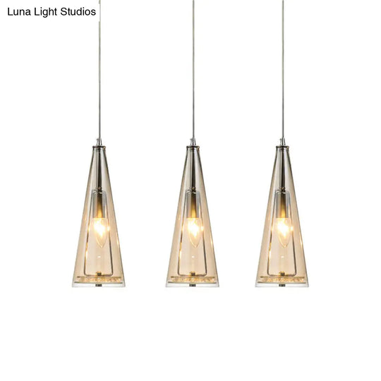 Contemporary Cone Pendant Lamp - Blue/Amber/Clear Glass 3-Light Ceiling Light In Chrome Round/Linear