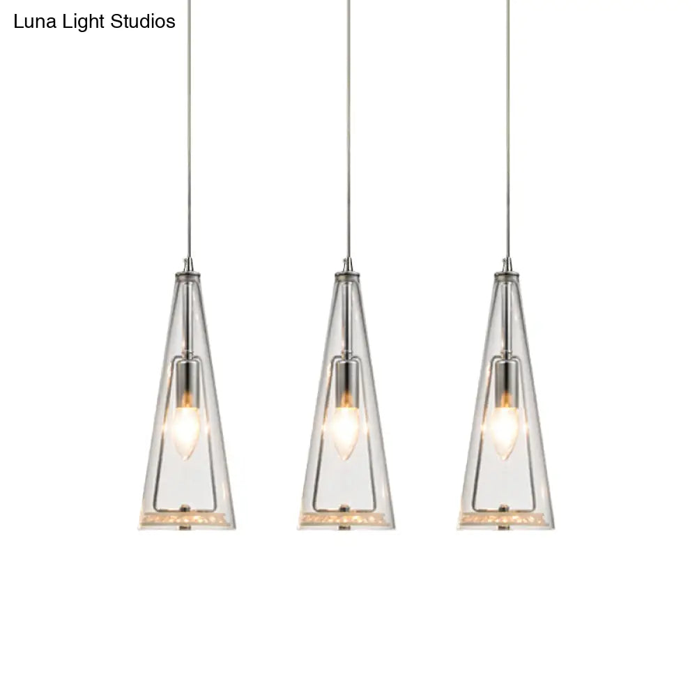 Modern Cone Pendant Lamp In Chrome With Blue/Amber/Clear Glass Panels - 3 Lights Ceiling Hanging