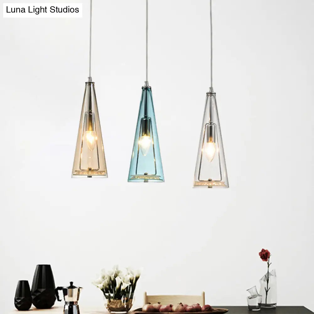 Contemporary Cone Pendant Lamp - Blue/Amber/Clear Glass 3-Light Ceiling Light In Chrome Round/Linear