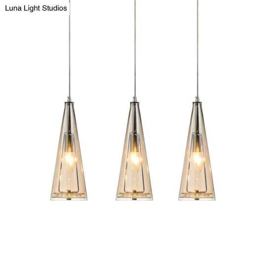 Modern Cone Pendant Lamp In Chrome With Blue/Amber/Clear Glass Panels - 3 Lights Ceiling Hanging