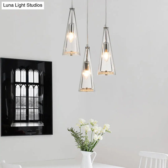 Contemporary Cone Pendant Lamp - Blue/Amber/Clear Glass 3-Light Ceiling Light In Chrome Round/Linear