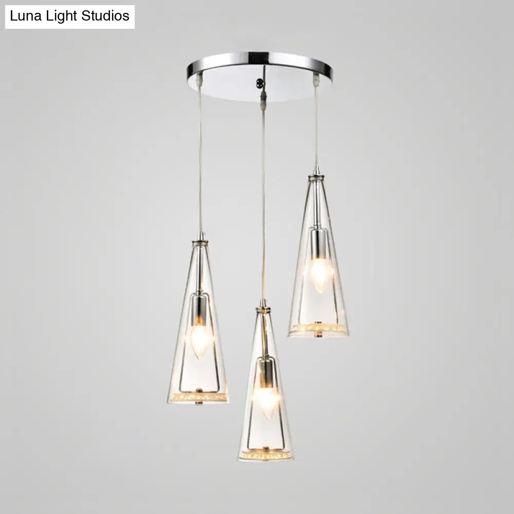 Contemporary Cone Pendant Lamp - Blue/Amber/Clear Glass 3-Light Ceiling Light In Chrome Round/Linear