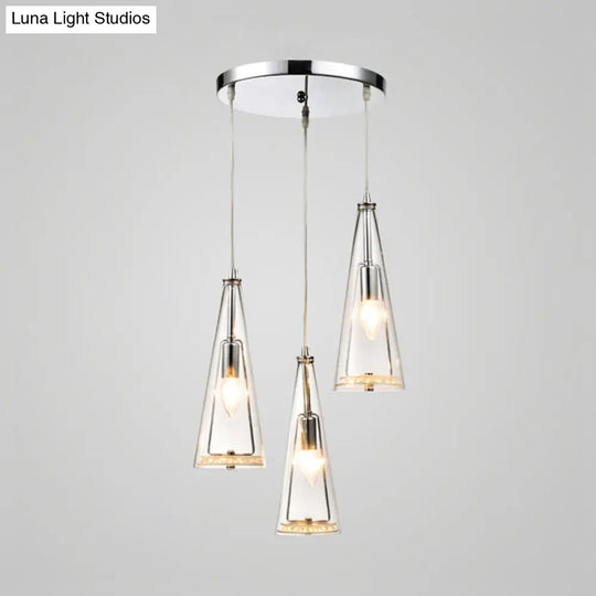 Contemporary Cone Pendant Lamp - Blue/Amber/Clear Glass 3-Light Ceiling Light In Chrome Round/Linear