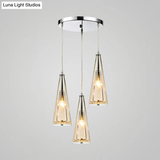 Contemporary Cone Pendant Lamp - Blue/Amber/Clear Glass 3-Light Ceiling Light In Chrome Round/Linear