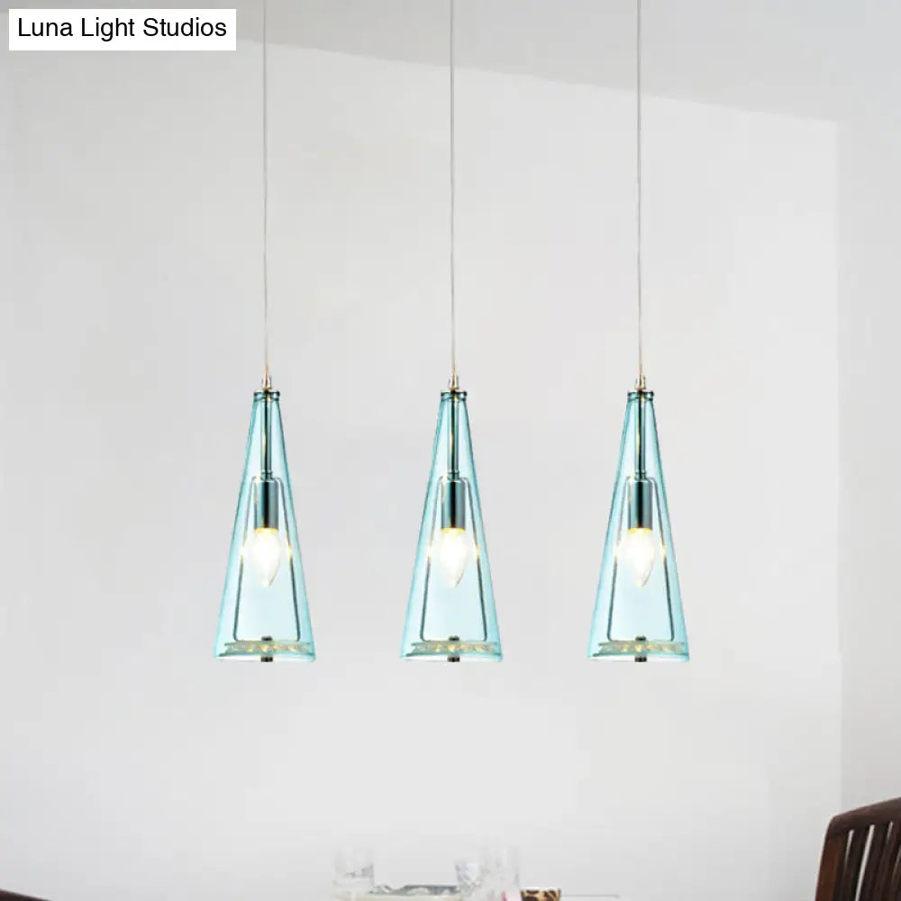 Contemporary Cone Pendant Lamp - Blue/Amber/Clear Glass 3-Light Ceiling Light In Chrome Round/Linear