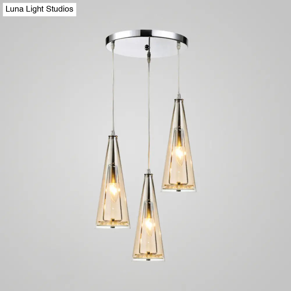 Modern Cone Pendant Lamp In Chrome With Blue/Amber/Clear Glass Panels - 3 Lights Ceiling Hanging